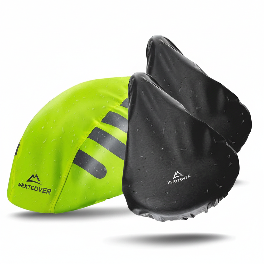 Hauptbild des Regenbezug-Bundles von Nextcover bestehend aus neongelben Fahrradhelmbezug und zwei schwarzen Sattelbezügen. 