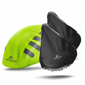 Hauptbild des Regenbezug-Bundles von Nextcover bestehend aus neongelben Fahrradhelmbezug und zwei schwarzen Sattelbezügen. 