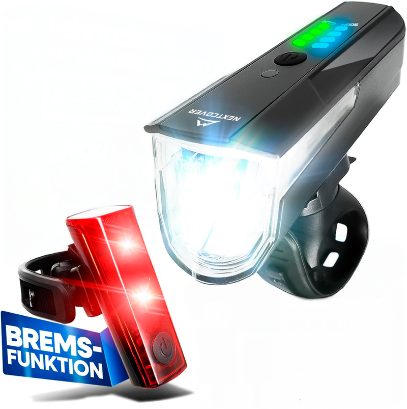 Nextcover LED-Fahrradlicht-Set mit hellem Frontscheinwerfer und rotem Rücklicht, spritzwassergeschützt und einfach montierbar für sichere Fahrten im Dunkeln.