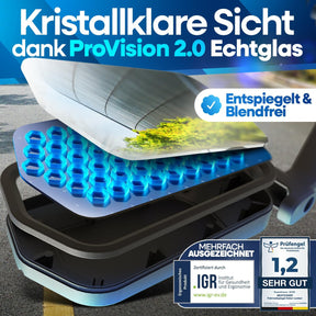 Nextcover Fahrradspiegel mit ProVision 2.0 Echtglas, entspiegelt und blendfrei, mehrfach ausgezeichnet (IGR-zertifiziert, Prüfengel 1,1 „Sehr Gut“) für kristallklare Sicht und maximale Sicherheit.
