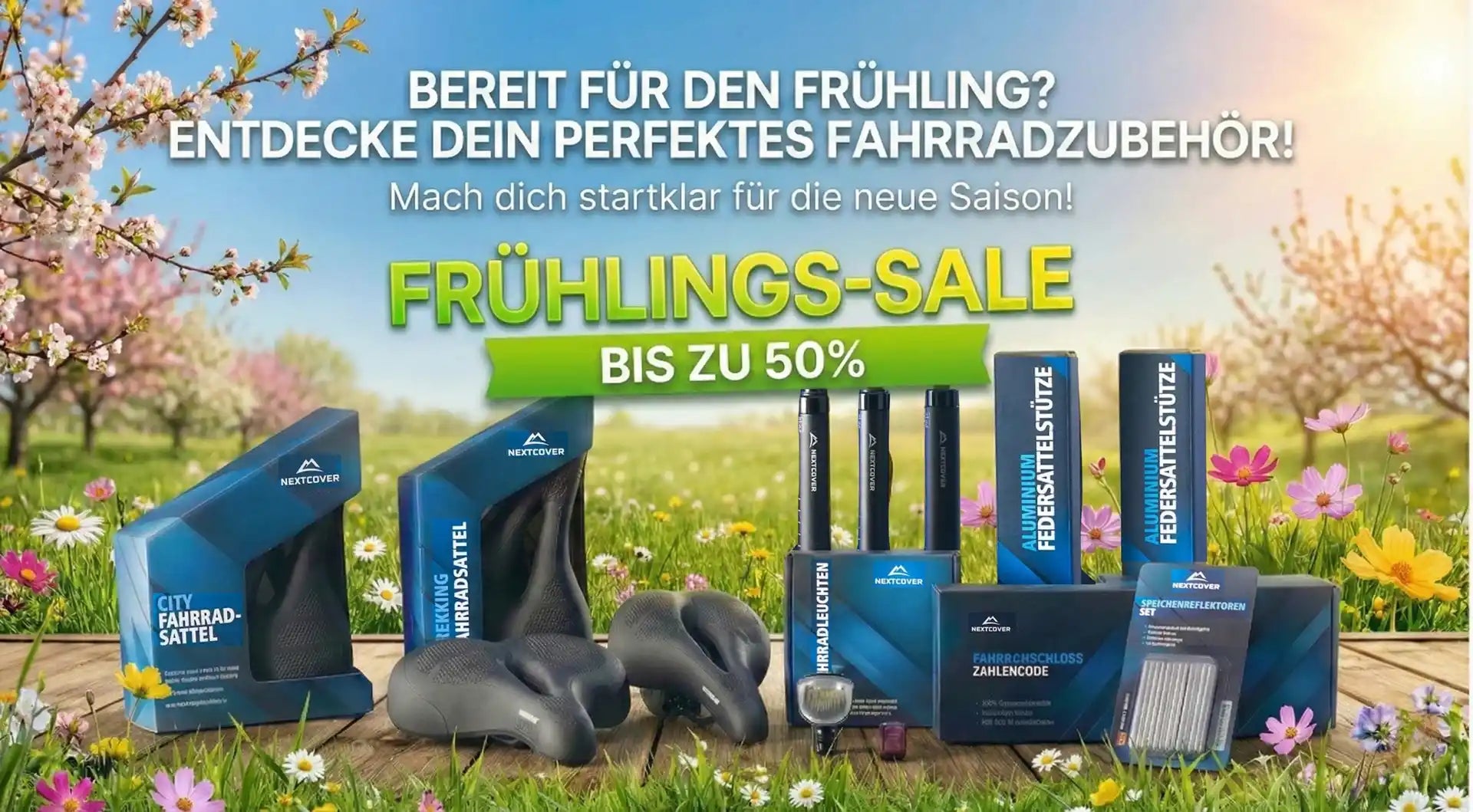 Nextcover Frühlings-Sale: Bis zu 50% Rabatt – Perfektes Fahrradzubehör für den Winter, darunter Fahrradsättel, Federsattelstützen, Beleuchtung und Schlösser.