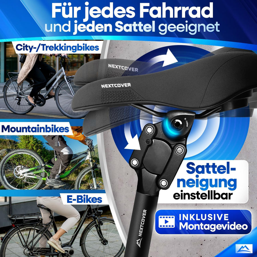 Nextcover gefederte Sattelstütze mit stufenlos einstellbarer Sattelneigung, passend für Citybikes, Mountainbikes und E-Bikes für optimalen Fahrkomfort.