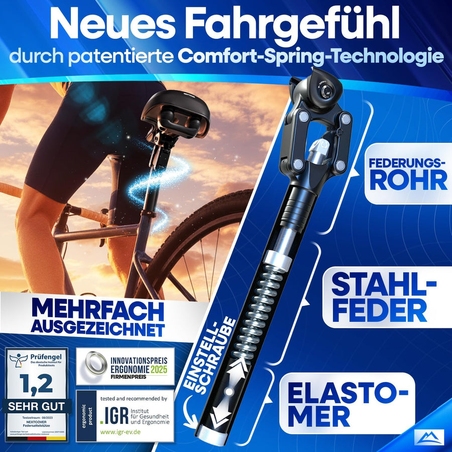 Nextcover Sattelstütze mit patentierter Comfort-Spring-Technologie – optimale Stoßdämpfung durch Stahlfeder und Elastomer, verstellbare Einstellungsschraube, mehrfach ausgezeichnet für ergonomischen Fahrkomfort.