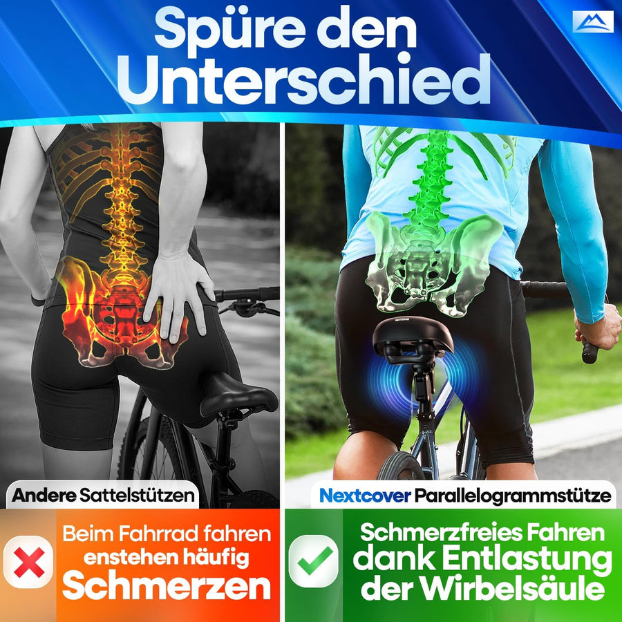 Vergleich zwischen herkömmlichem Fahrradsattel mit Rückenschmerzen (links) und Nextcover gefederter Sattelstütze (rechts) für schmerzfreies Fahren dank optimaler Wirbelsäulenentlastung.