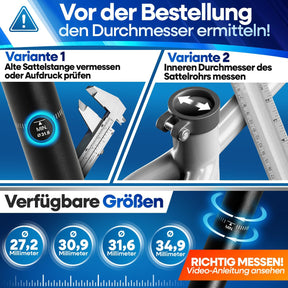 Nextcover Sattelstütze – richtige Maßermittlung vor Bestellung: Durchmesser der alten Sattelstange oder des Sattelrohrs messen, erhältlich in 27,2 mm, 30,9 mm, 31,6 mm und 34,9mm für perfekte Passform.
