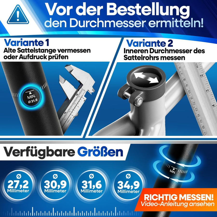 Nextcover Sattelstütze – richtige Maßermittlung vor Bestellung: Durchmesser der alten Sattelstange oder des Sattelrohrs messen, erhältlich in 27,2 mm, 30,9 mm, 31,6 mm und 34,9mm für perfekte Passform.