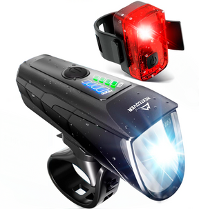 Nextcover LED-Fahrradlicht-Set mit hellem Frontscheinwerfer und rotem Rücklicht, spritzwassergeschützt und einfach montierbar für sichere Fahrten im Dunkeln.