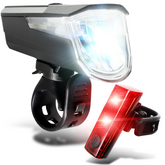 Nextcover LED-Fahrradlicht-Set mit hellem Frontscheinwerfer und rotem Rücklicht, spritzwassergeschützt und einfach montierbar für sichere Fahrten im Dunkeln.