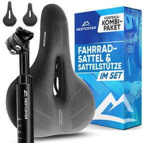 Nextcover Vorteils-Kombi-Paket: Ergonomischer Memory-Foam-Fahrradsattel und gefederte Sattelstütze im Set, inklusive gratis Sattelbezug und Montagewerkzeug für maximalen Komfort und Stoßdämpfung.