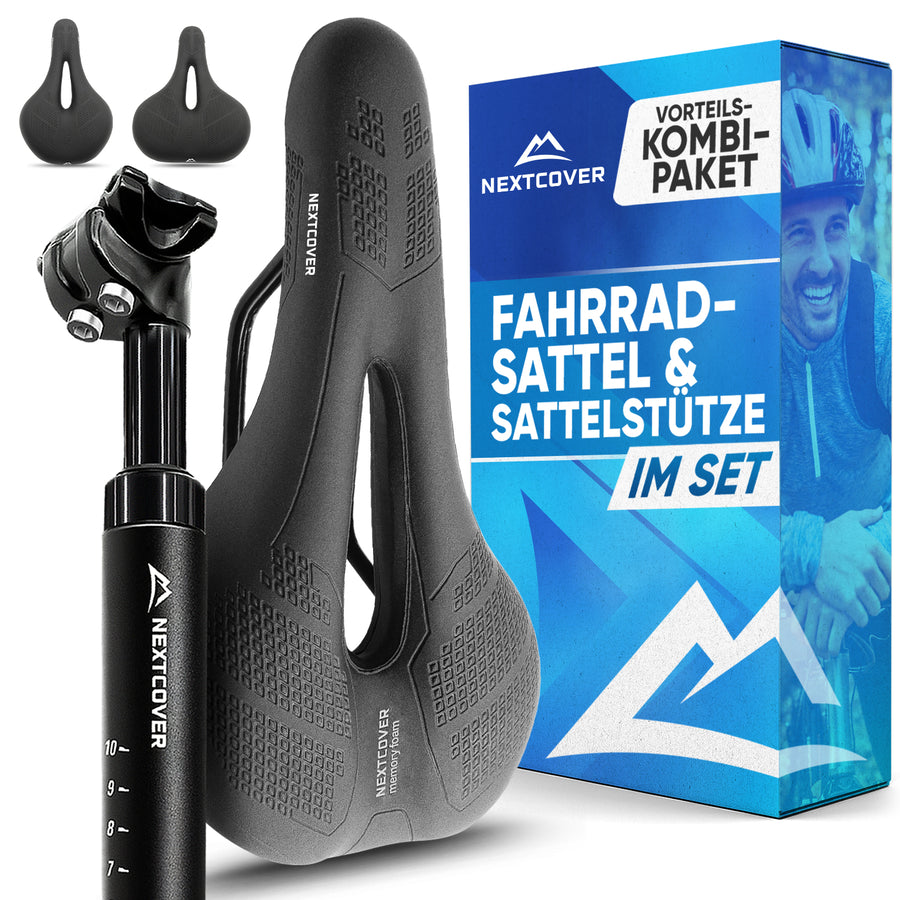 Nextcover Vorteils-Kombi-Paket: Ergonomischer Memory-Foam-Fahrradsattel und gefederte Sattelstütze im Set, inklusive gratis Sattelbezug und Montagewerkzeug für maximalen Komfort und Stoßdämpfung.