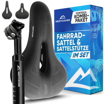 Nextcover Vorteils-Kombi-Paket: Ergonomischer Memory-Foam-Fahrradsattel und gefederte Sattelstütze im Set, inklusive gratis Sattelbezug und Montagewerkzeug für maximalen Komfort und Stoßdämpfung.
