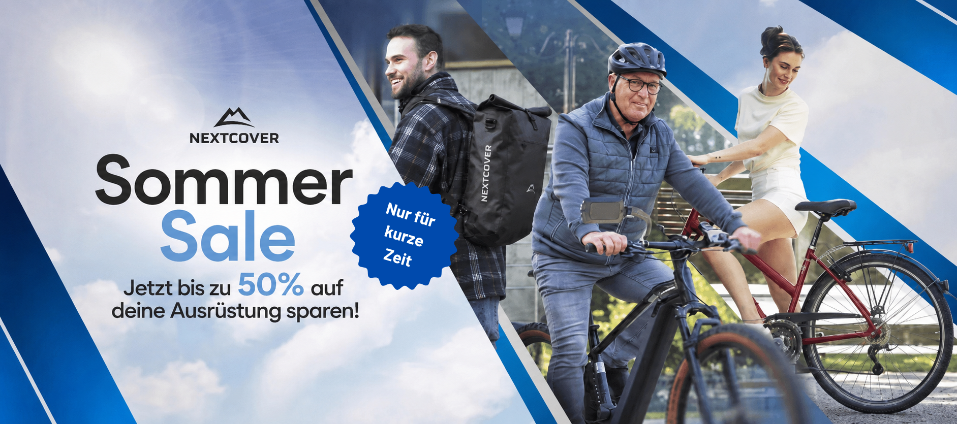 Nextcover Fahrradzubehör im Frühling mit Fahrradrucksack, Handyhalterung und Radfahrern auf City und Trekkingbikes
