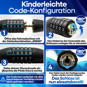 Schritt-für-Schritt-Anleitung zur kinderleichten Code-Konfiguration am Nextcover Kettenschloss: Zahlenkombination „0000“ eingeben, Hebel umlegen, Wunschcode einstellen und Hebel zurückklappen.