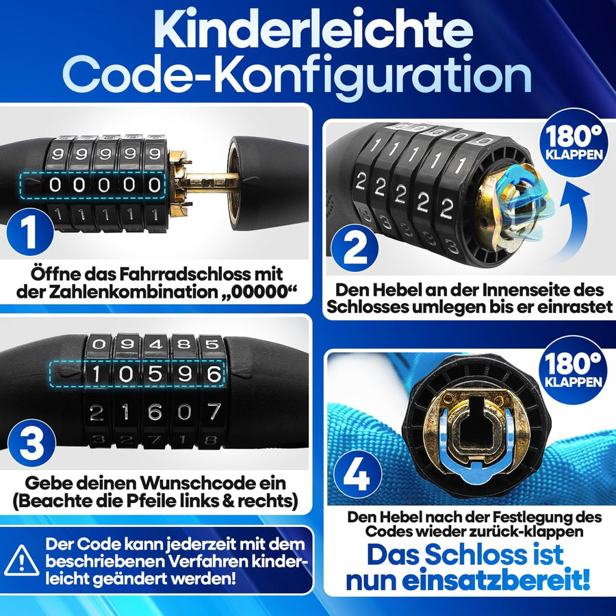 Schritt-für-Schritt-Anleitung zur kinderleichten Code-Konfiguration am Nextcover Kettenschloss: Zahlenkombination „0000“ eingeben, Hebel umlegen, Wunschcode einstellen und Hebel zurückklappen.