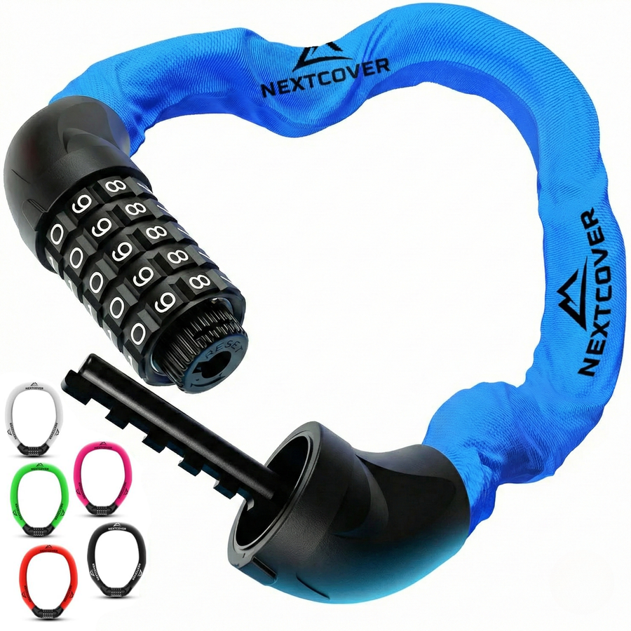 Nextcover Kettenschloss mit Zahlencode in blau – Mehrfach ausgezeichnetes Fahrrad-Zahlenschloss mit der Prüfengel-Note 1,2 (Sehr Gut) für maximalen Diebstahlschutz.