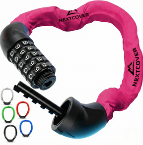 Nextcover Kettenschloss mit Zahlencode in pink – Mehrfach ausgezeichnetes Fahrrad-Zahlenschloss mit der Prüfengel-Note 1,2 (Sehr Gut) für maximalen Diebstahlschutz.