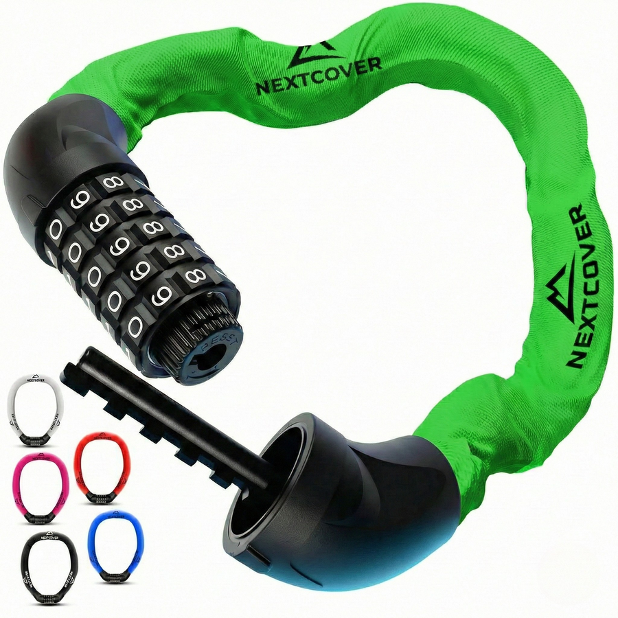 Nextcover Kettenschloss mit Zahlencode in grün – Mehrfach ausgezeichnetes Fahrrad-Zahlenschloss mit der Prüfengel-Note 1,2 (Sehr Gut) für maximalen Diebstahlschutz.