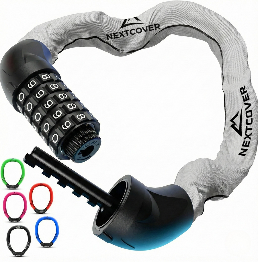 Nextcover Kettenschloss mit Zahlencode in reflektierend – Mehrfach ausgezeichnetes Fahrrad-Zahlenschloss mit der Prüfengel-Note 1,2 (Sehr Gut) für maximalen Diebstahlschutz.