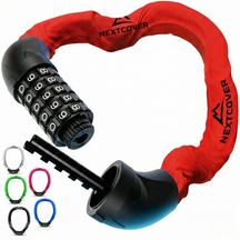 Nextcover Kettenschloss mit Zahlencode in rot – Mehrfach ausgezeichnetes Fahrrad-Zahlenschloss mit der Prüfengel-Note 1,2 (Sehr Gut) für maximalen Diebstahlschutz.