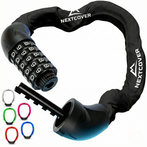 Nextcover Kettenschloss mit Zahlencode in Schwarz – Mehrfach ausgezeichnetes Fahrrad-Zahlenschloss mit der Prüfengel-Note 1,2 (Sehr Gut) für maximalen Diebstahlschutz.