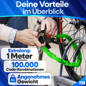 Nextcover Kettenschloss, Testsieger (Prüfengel 1,2 „Sehr Gut“), wetterbeständig und rostfrei, mit über 100.000 Code-Kombinationen, eingravierten Zahlen und komfortablem Gewicht für maximalen Diebstahlschutz.