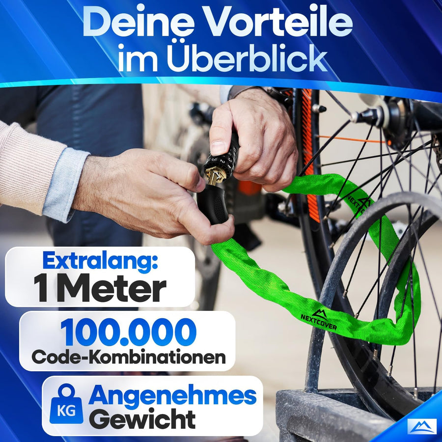 Nextcover Kettenschloss, Testsieger (Prüfengel 1,2 „Sehr Gut“), wetterbeständig und rostfrei, mit über 100.000 Code-Kombinationen, eingravierten Zahlen und komfortablem Gewicht für maximalen Diebstahlschutz.
