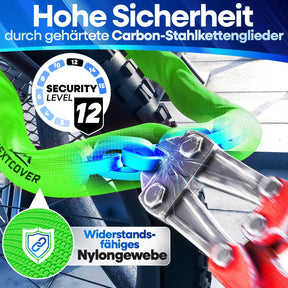 Nextcover Kettenschloss mit gehärteten Carbon-Stahlkettengliedern, Security Level 12 und robustem Nylon-Gewebe für maximalen Diebstahlschutz.