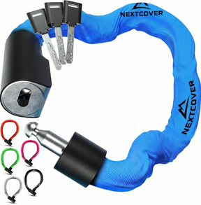 Nextcover Kettenschloss mit Schlüsselmechanismus in blau – Mehrfach ausgezeichnetes Fahrrad-Zahlenschloss mit der Prüfengel-Note 1,2 (Sehr Gut) für maximalen Diebstahlschutz.
