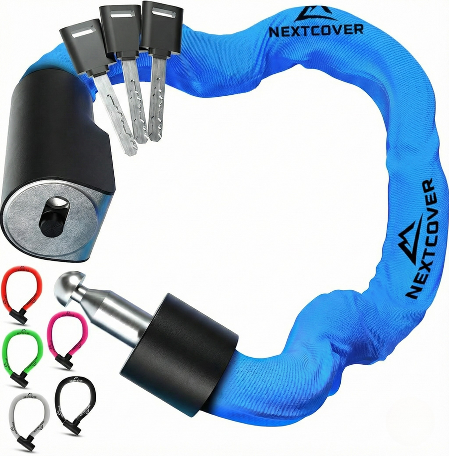 Nextcover Kettenschloss mit Schlüsselmechanismus in blau – Mehrfach ausgezeichnetes Fahrrad-Zahlenschloss mit der Prüfengel-Note 1,2 (Sehr Gut) für maximalen Diebstahlschutz.