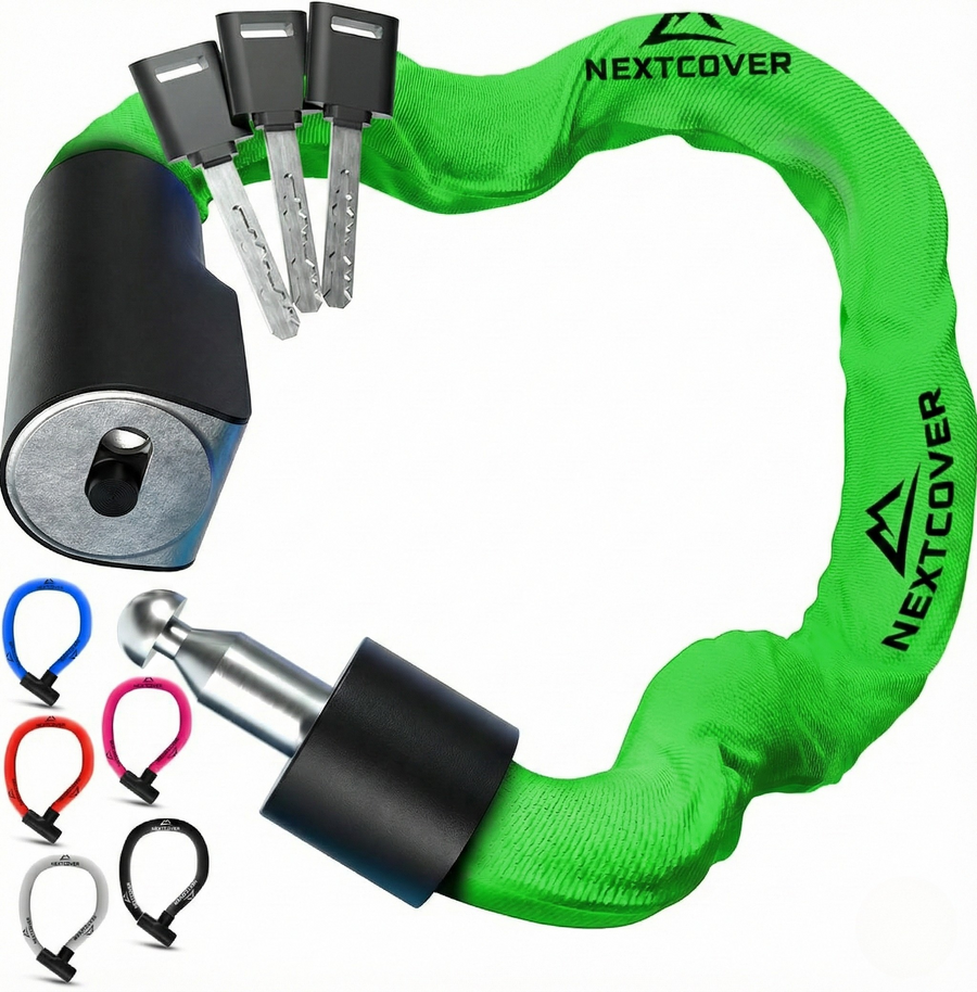 Nextcover Kettenschloss mit Schlüsselmechanismus in grün – Mehrfach ausgezeichnetes Fahrrad-Zahlenschloss mit der Prüfengel-Note 1,2 (Sehr Gut) für maximalen Diebstahlschutz.