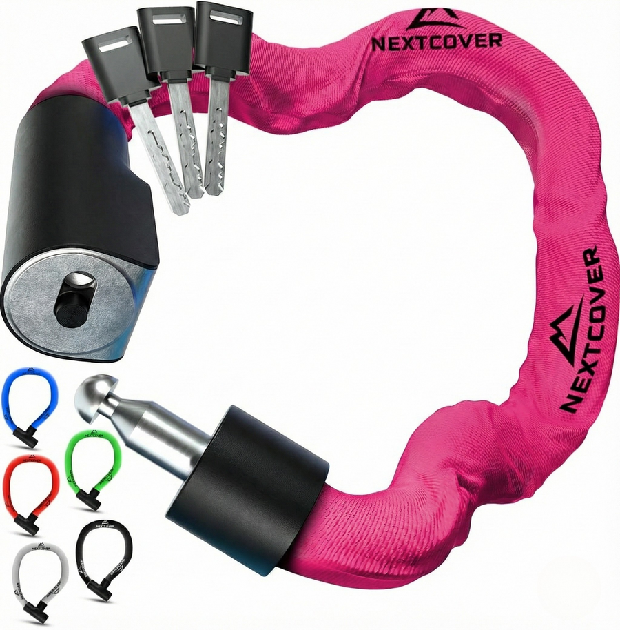 Nextcover Kettenschloss mit Schlüsselmechanismus in pink – Mehrfach ausgezeichnetes Fahrrad-Zahlenschloss mit der Prüfengel-Note 1,2 (Sehr Gut) für maximalen Diebstahlschutz.