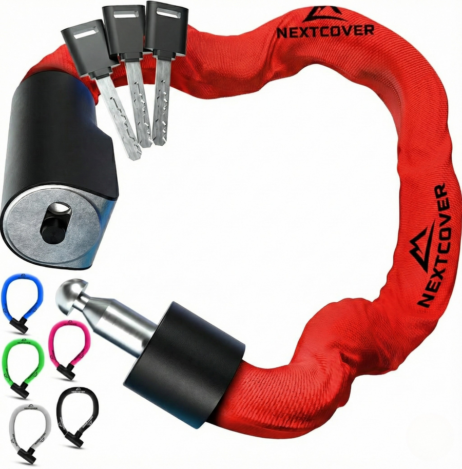 Nextcover Kettenschloss mit Schlüsselmechanismus in rot – Mehrfach ausgezeichnetes Fahrrad-Zahlenschloss mit der Prüfengel-Note 1,2 (Sehr Gut) für maximalen Diebstahlschutz.