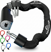 Nextcover Kettenschloss mit Schlüsselmechanismus in Schwarz – Mehrfach ausgezeichnetes Fahrrad-Zahlenschloss mit der Prüfengel-Note 1,2 (Sehr Gut) für maximalen Diebstahlschutz.