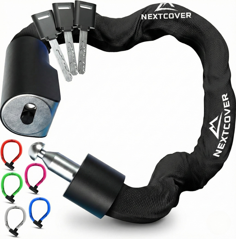 Nextcover Kettenschloss mit Schlüsselmechanismus in Schwarz – Mehrfach ausgezeichnetes Fahrrad-Zahlenschloss mit der Prüfengel-Note 1,2 (Sehr Gut) für maximalen Diebstahlschutz.