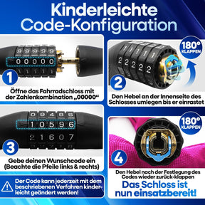 Schritt-für-Schritt-Anleitung zur kinderleichten Code-Konfiguration am Nextcover Kettenschloss: Zahlenkombination „0000“ eingeben, Hebel umlegen, Wunschcode einstellen und Hebel zurückklappen.