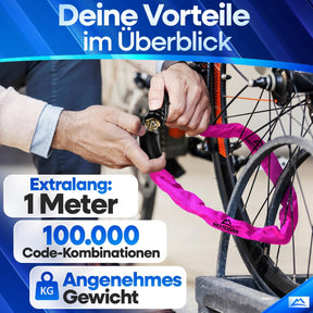 Nextcover Kettenschloss, Testsieger (Prüfengel 1,2 „Sehr Gut“), wetterbeständig und rostfrei, mit über 100.000 Code-Kombinationen, eingravierten Zahlen und komfortablem Gewicht für maximalen Diebstahlschutz.