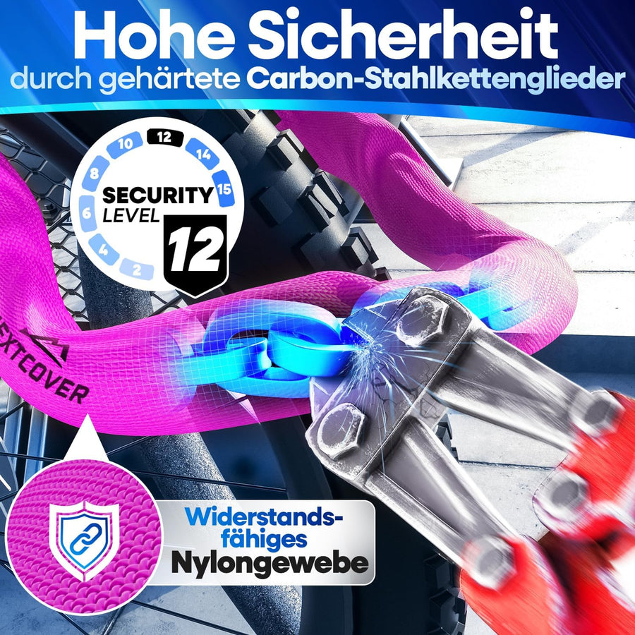 Nextcover Kettenschloss mit gehärteten Carbon-Stahlkettengliedern, Security Level 12 und robustem Nylon-Gewebe für maximalen Diebstahlschutz.