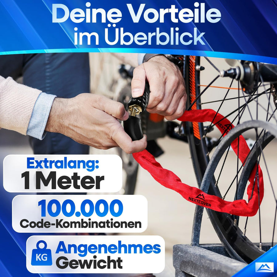 Nextcover Kettenschloss, Testsieger (Prüfengel 1,2 „Sehr Gut“), wetterbeständig und rostfrei, mit über 100.000 Code-Kombinationen, eingravierten Zahlen und komfortablem Gewicht für maximalen Diebstahlschutz.