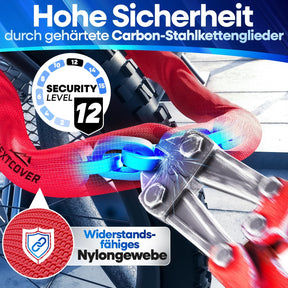 Nextcover Kettenschloss mit gehärteten Carbon-Stahlkettengliedern, Security Level 12 und robustem Nylon-Gewebe für maximalen Diebstahlschutz.