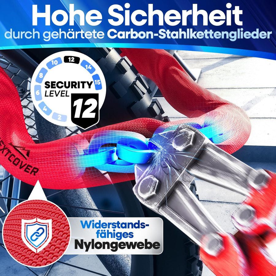 Nextcover Kettenschloss mit gehärteten Carbon-Stahlkettengliedern, Security Level 12 und robustem Nylon-Gewebe für maximalen Diebstahlschutz.