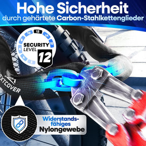 Nextcover Kettenschloss mit gehärteten Carbon-Stahlkettengliedern, Security Level 12 und robustem Nylon-Gewebe für maximalen Diebstahlschutz.