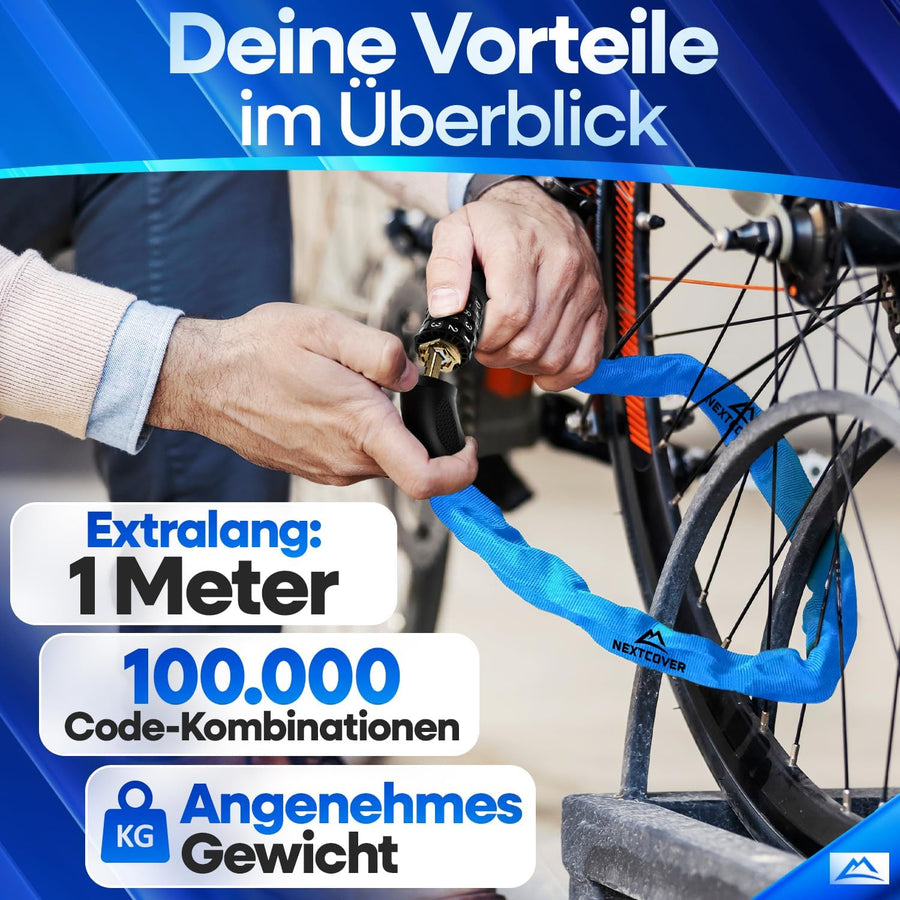Nextcover Kettenschloss, Testsieger (Prüfengel 1,2 „Sehr Gut“), wetterbeständig und rostfrei, mit über 100.000 Code-Kombinationen, eingravierten Zahlen und komfortablem Gewicht für maximalen Diebstahlschutz.