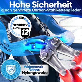 Nextcover Kettenschloss mit gehärteten Carbon-Stahlkettengliedern, Security Level 12 und robustem Nylon-Gewebe für maximalen Diebstahlschutz.