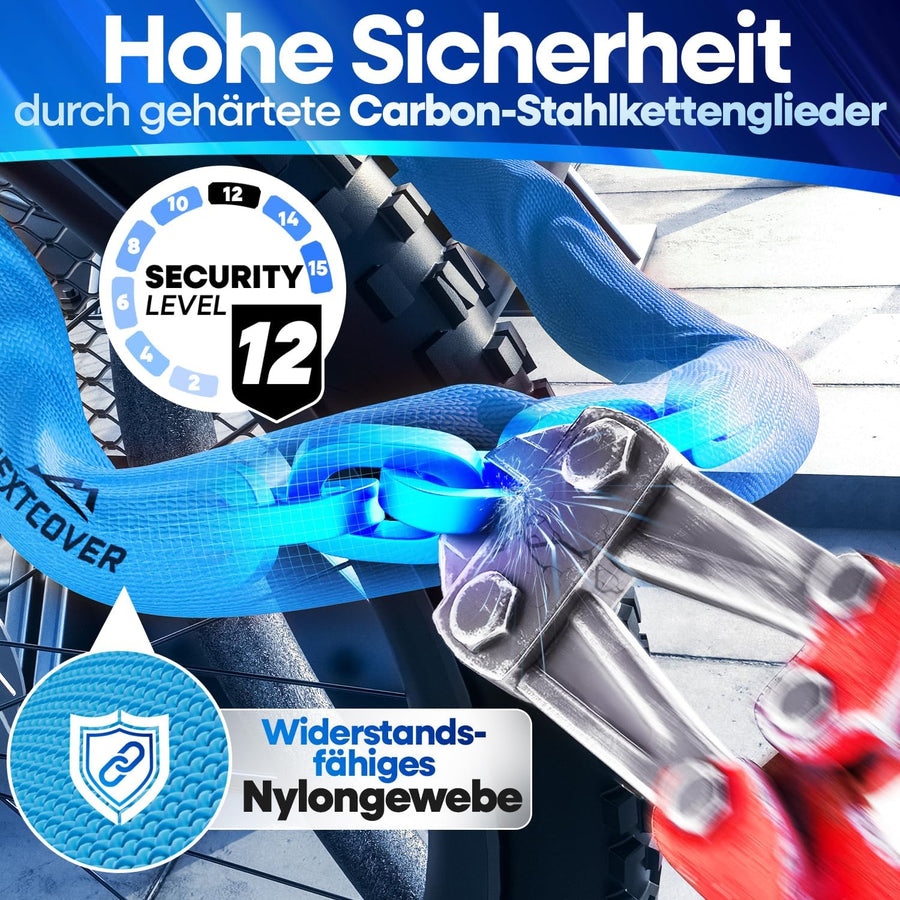 Nextcover Kettenschloss mit gehärteten Carbon-Stahlkettengliedern, Security Level 12 und robustem Nylon-Gewebe für maximalen Diebstahlschutz.