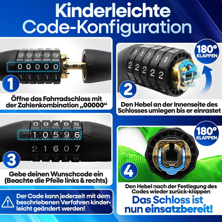 Schritt-für-Schritt-Anleitung zur kinderleichten Code-Konfiguration am Nextcover Kettenschloss: Zahlenkombination „0000“ eingeben, Hebel umlegen, Wunschcode einstellen und Hebel zurückklappen.