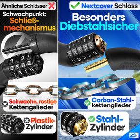 Nextcover Zahlen-Kettenschloss mit SafeSecure-Sicherheitsverschluss, verstärktem Stahlstift und robustem Textilschutz, extrem diebstahlsicher im Vergleich zu herkömmlichen Schlössern.