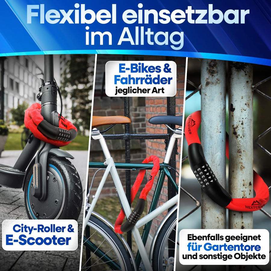 Nextcover Kettenschloss mit ca. 1 m Überlänge, vielseitig einsetzbar für E-Bikes, Fahrräder, City-Roller, E-Scooter und Kinderwägen, optimal verstaubar für maximalen Diebstahlschutz.