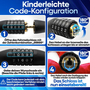 Schritt-für-Schritt-Anleitung zur kinderleichten Code-Konfiguration am Nextcover Kettenschloss: Zahlenkombination „0000“ eingeben, Hebel umlegen, Wunschcode einstellen und Hebel zurückklappen.