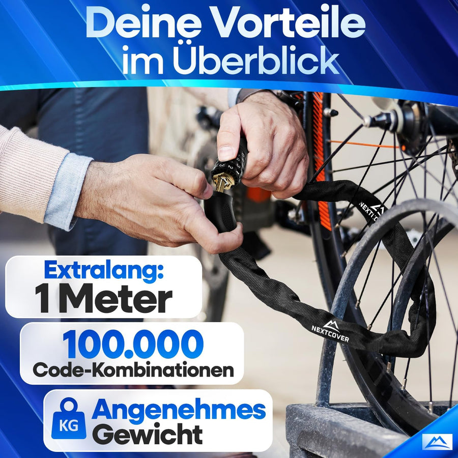 Nextcover Kettenschloss, Testsieger (Prüfengel 1,2 „Sehr Gut“), wetterbeständig und rostfrei, mit über 100.000 Code-Kombinationen, eingravierten Zahlen und komfortablem Gewicht für maximalen Diebstahlschutz.