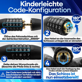 Schritt-für-Schritt-Anleitung zur kinderleichten Code-Konfiguration am Nextcover Kettenschloss: Zahlenkombination „0000“ eingeben, Hebel umlegen, Wunschcode einstellen und Hebel zurückklappen.